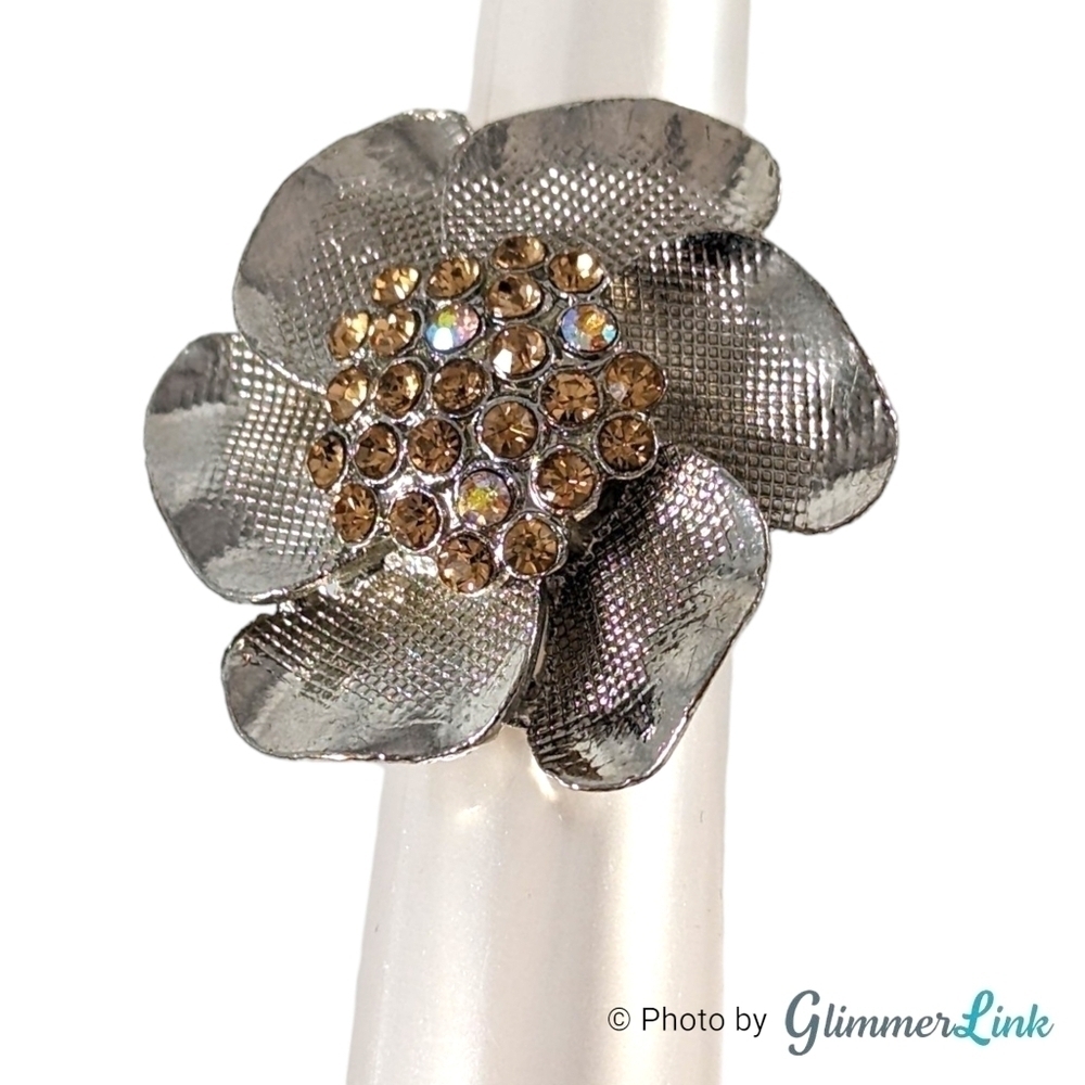 Flower Rhinestone Silver Tone Metal Adjustable Ring